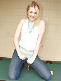 Teens4Free presents: Sweet blonde babe spreads shaved pussy on pool table