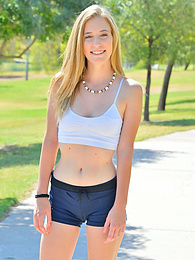 Teens4Free presents: Sporty blonde babe Dakota strips her clothes and flaunts her hot body outdoors